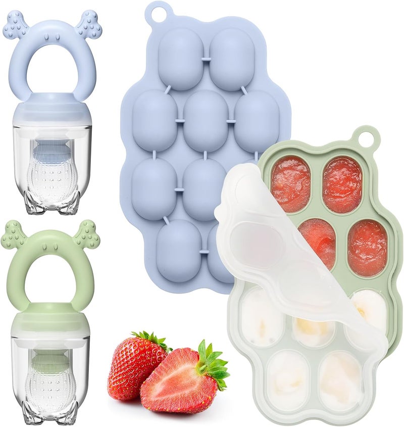 KingKam Baby Breastmilk Popsicle Molds & Baby Fruit Feeder (2 Pack), Baby Food Freezer Tray Storage Containers, Silicone Pacifier Feeder and Teether - Image 1